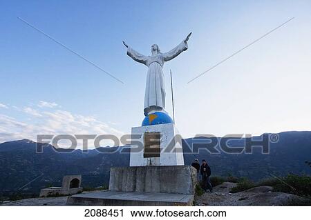 Stock Image - Cristo The Yungay (Yungay Christ) Statue Atop The Cemetery, Yungay, Ancash, Peru. Fotosearch