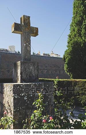Stock Photography - Cross In Cemetery Below Church And Castle, Olvera, Cadiz, Spain. Fotosearch