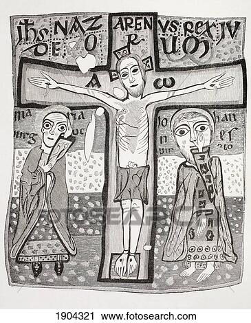Stock Image - Crucifixion Of Jesus Christ. After A Miniature In An 11Th Century Missal. From Les Artes Au Moyen Age, Published Paris 1873.. Fotosearch