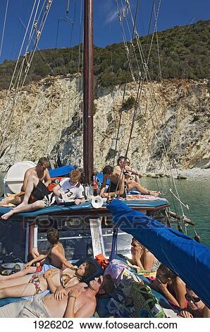 Stock Image - Cruise Boat Near Coast In Ionian Sea, Lefkas, Greece. Fotosearch