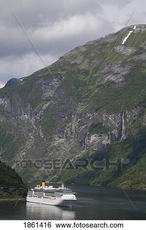 Stock Photograph - Cruise Ship In Geirangerfjord, Norway, Scandinavia. Fotosearch