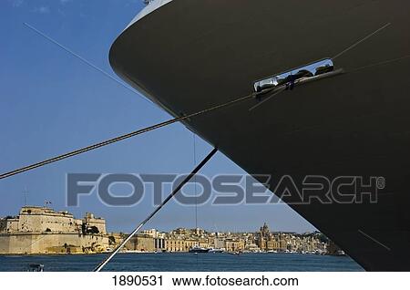 Stock Image - Cruise Ship's Bow Moored In Grand Harbor. Fotosearch