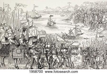 Stock Image - Crusaders Landing At Damietta, Egypt, In 1249 During The Seventh Crusade. From Military And Religious Life In The Middle Ages By Paul Lacroix Published London Circa 1880.. Fotosearch