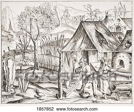 Stock Image - Cultivation Of Grain By Peasants And Manufacture Of Barley And Oat Bread. 19Th Century Reproduction Of A Woodcut From An Edition Of Virgil Published At Lyons In 1517. Fotosearch