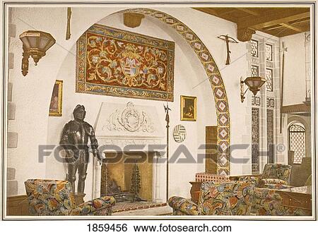 Stock Photograph - Cunard Line Promotional Brochure For The Rms Carinthia Circa 1926-1930. Fireplace With 12 Feet High Arch In El Greco Smoking Room.. Fotosearch