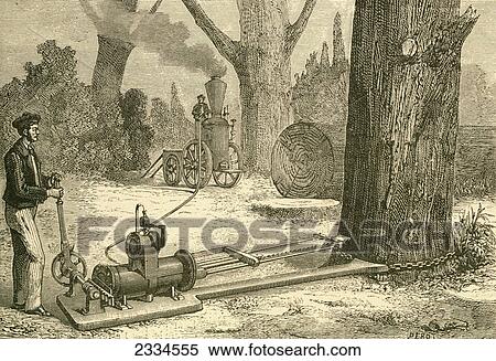 Stock Photography - Cutting Trees Using Vapour Machines In The Late19Th Century. From El Museo Popular Published Madrid, 1887. Fotosearch