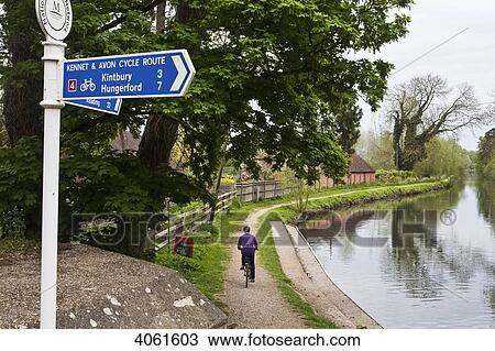 Stock Image - Cyclist cycling along canal side; Berkshire, England. Fotosearch