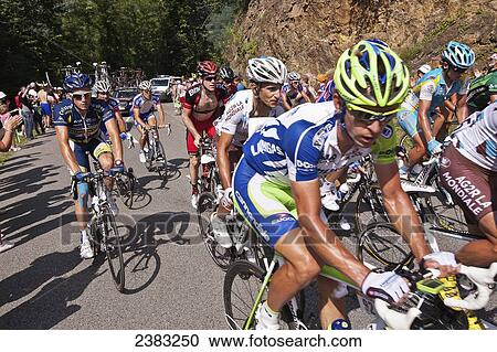 Stock Image - Cyclists in the Tour de France; Pyrenees, France. Fotosearch