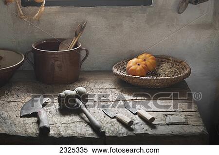 Stock Photography - Czech Republic, Cooking tools laying on wooden table; Prague. Fotosearch