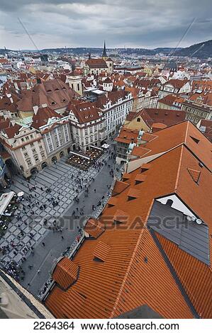 Picture - Czech Republic, Elevated view of crowd in town square; Prague. Fotosearch