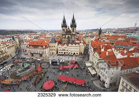 Czech Republic, High angle view of buildings and church with market in town square; Prague View Large Photo Image Stock Photo - Czech Republic, High angle view of buildings and church with market in town square; Prague. Fotosearch