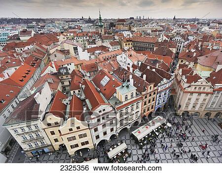 Czech Republic, High angle view of cityscape and people in town square; Prague View Large Photo Image Stock Photograph - Czech Republic, High angle view of cityscape and people in town square; Prague. Fotosearch