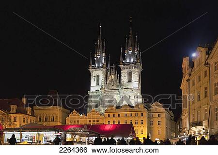 Stock Photograph - Czech Republic, Illuminated Tyn Church at night; Prague. Fotosearch
