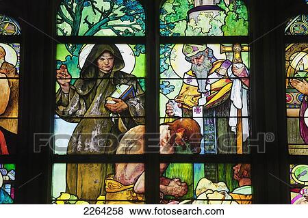Stock Photo - Czech Republic, Stained glass window at St Vitus Cathedral; Prague. Fotosearch