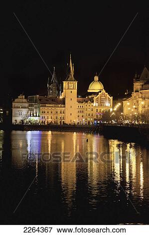 Stock Photo - Czech Republic, Vltava River at night; Prague. Fotosearch