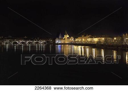 Stock Photo - Czech Republic, Vltava River at night; Prague. Fotosearch