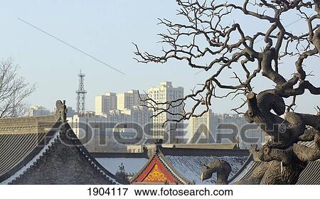 Stock Photo - Da Ci'en Temple And Modern Buildings Of Xi'an, Shaanxi, China. Fotosearch