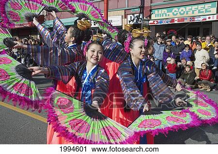 Dancers With Fans At The Chinese New Year Parade (2005, Year Of The Rooster) In Chinatown, Vancouver, British Columbia, Canada View Large Photo Image Stock Image - Dancers With Fans At The Chinese New Year Parade (2005, Year Of The Rooster) In Chinatown, Vancouver, British Columbia, Canada. Fotosearch