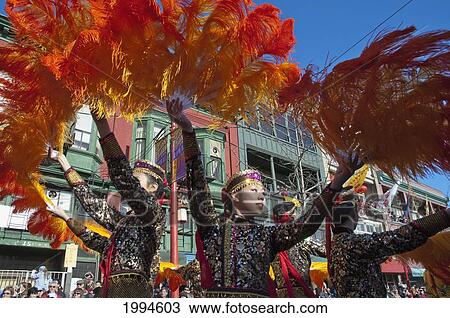 Stock Image - Dancers With Fans At The Chinese New Year Parade (2005, Year Of The Rooster) In Chinatown, Vancouver, British Columbia, Canada. Fotosearch