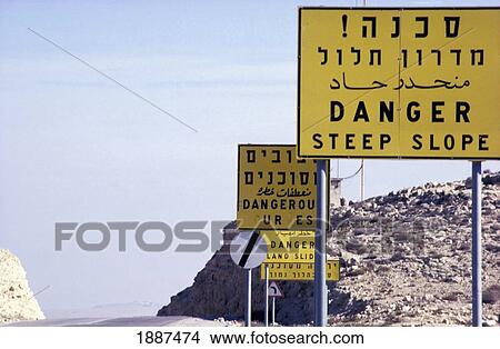 Picture - Danger Road Signs On Empty Road. Fotosearch