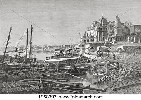 Stock Photo - Dashashwamedh Ghat, Varanasi On The Ganges River, Uttar Pradesh, India In The 19Th Century. A Ghat Is A Series Of Steps Leading Down To A Holy River. From El Mundo En La Mano, Published 1878.. Fotosearch
