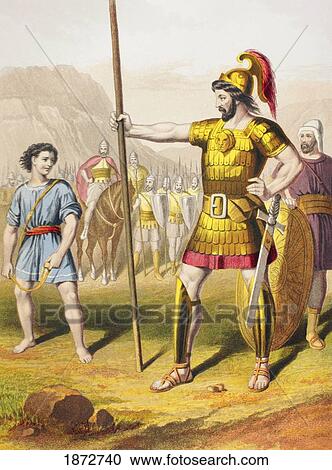 Stock Image - David Confronts Goliath. From The Holy Bible Published By William Collins, Sons, & Company In 1869. Chromolithograph By J. M. Kronheim & Co.. Fotosearch