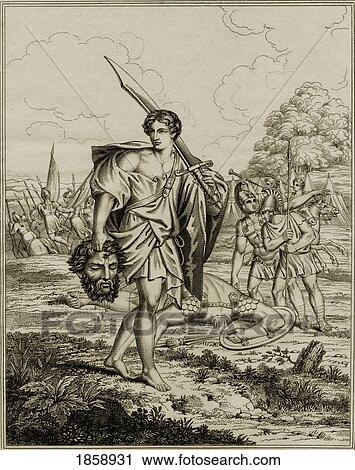 Stock Image - David With Head Of Goliath. 18Th Century Print From A Painting By Carlo Marratti, Engraved By H. Moses. Published By The Society For Promoting Christian Knowledge, May 1815. Fotosearch