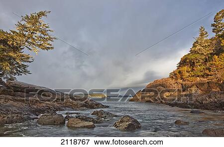 Stock Photo - Dawn Breaking Over Rocky Beach; Tofino Vancouver Island British Columbia Canada. Fotosearch