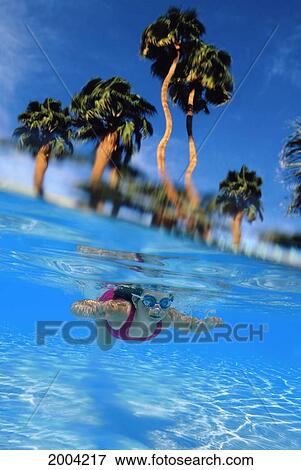 Stock Photo - [Dc] Over/Under Girl Swimming Underwater With Goggles, Palms Background Blue Sky. Fotosearch