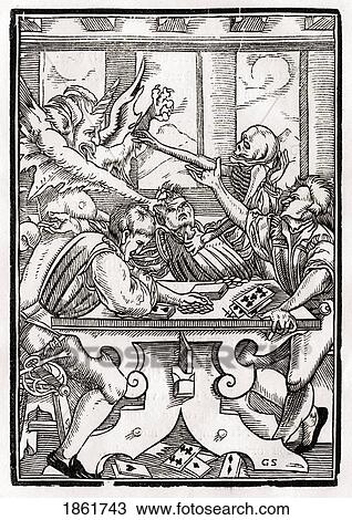 Stock Image - Death And The Devil Come For The Card Player Woodcut By Georg Scharffenberg After Hans Holbein The Younger From Der Todten Tanz Or The Dance Of Death Published Basel 1843. Fotosearch