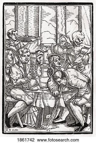 Stock Image - Death Comes For The Drunkard Woodcut By Georg Scharffenberg After Hans Holbein The Younger From Der Todten Tanz Or The Dance Of Death Published Basel 1843. Fotosearch