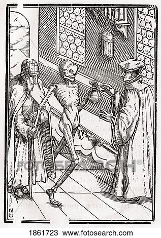 Stock Image - Death Comes To The Doctor Woodcut By Georg Scharffenberg After Hans Holbein The Younger From Der Todten Tanz Or The Dance Of Death Published Basel 1843. Fotosearch
