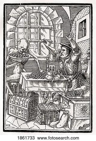 Stock Image - Death Comes To The Miser Or Usurer Woodcut By Georg Scharffenberg After Hans Holbein The Younger From Der Todten Tanz Or The Dance Of Death Published Basel 1843. Fotosearch