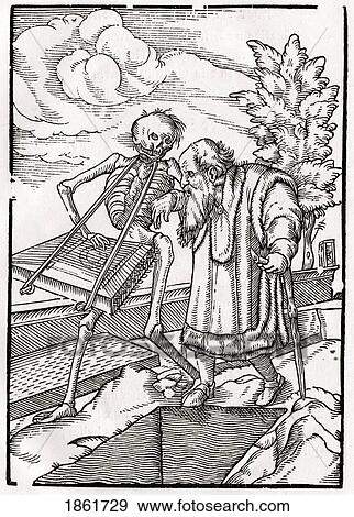 Stock Photo - Death Comes To The Old Man Or The Hermit Woodcut After Hans Holbein The Younger From Der Todten Tanz Or The Dance Of Death Published Basel 1843. Fotosearch