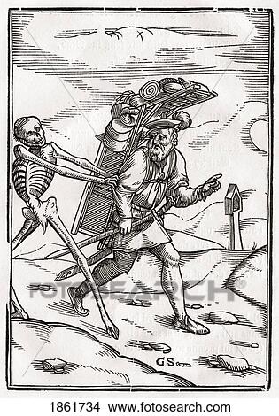 Picture - Death Comes To The Pedlar Woodcut By Georg Scharffenberg After Hans Holbein The Younger From Der Todten Tanz Or The Dance Of Death Published Basel 1843. Fotosearch