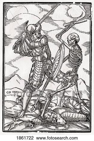 Stock Image - Death Comes To The Soldier Woodcut By Georg Scharffenberg After Hans Holbein The Younger From Der Todten Tanz Or The Dance Of Death Published Basel 1843. Fotosearch