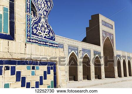Stock Image - Decorated entrance to Kok Gumbaz and courtyard of Kalon mosque, Poi Kalon complex, Old Town; Bukhara, Uzbekistan. Fotosearch