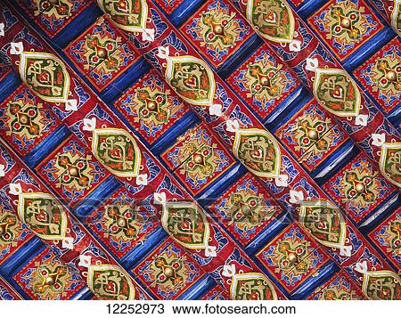 Stock Image - Decorated wooden ceiling, Tash Hauli Palace, Ichan Kala Old City; Khiva, Uzbekistan. Fotosearch