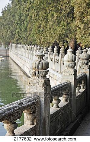 Stock Image - Decorative Balusters On A Railing Along The Water's Edge; Beijing China. Fotosearch