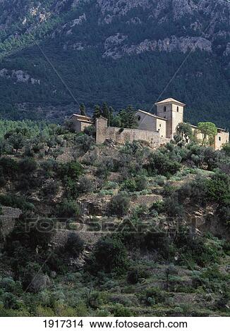 Picture - Deia Church And Teix Mountain. Fotosearch
