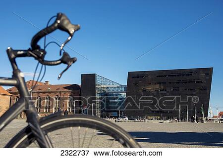 Denmark, Bicycle parked in front of Royal Library; Copenhagen View Large Photo Image Stock Photo - Denmark, Bicycle parked in front of Royal Library; Copenhagen. Fotosearch