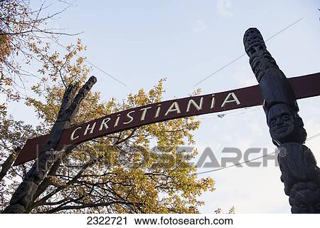 Stock Image - Denmark, Entrance to Christiania district; Copenhagen. Fotosearch