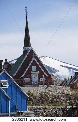 Stock Image - Denmark, Greenland, Roof details on church; Upernarvik. Fotosearch
