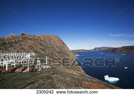 Stock Image - Denmark, Greenland, Traditional cemetery; Upernarvik. Fotosearch