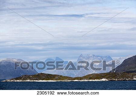 Stock Image - Denmark, Greenland, Views up fjord; Nuuk. Fotosearch
