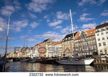 Stock Image - Denmark, Nyhavn; Copenhagen, View of city marina. Fotosearch