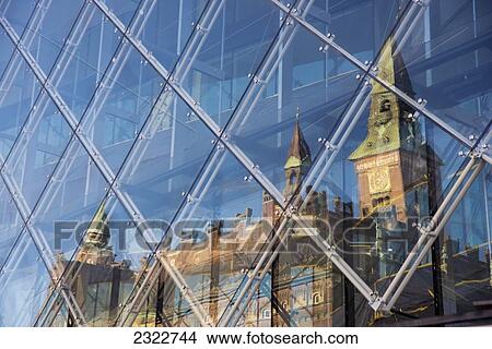 Denmark, Town Hall's reflection in modern glass building; Copenhagen View Large Photo Image Picture - Denmark, Town Hall's reflection in modern glass building; Copenhagen. Fotosearch