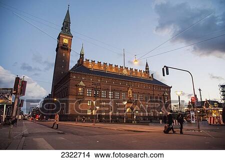Denmark, View of city hall and square at dusk; Copenhagen View Large Photo Image Picture - Denmark, View of city hall and square at dusk; Copenhagen. Fotosearch