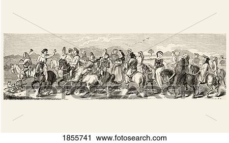 Stock Image - Departure Of The Canterbury Pilgrims From London. Scene From The Canterbury Tales By Geoffrey Chaucer. From The National And Domestic History Of England By William Aubrey Published London Circa 1890. Fotosearch