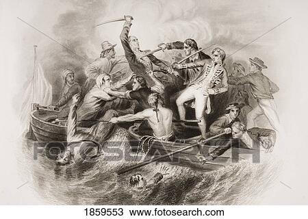 Stock Image - Desperate Encounter In Gun-Boats Between Nelson And Don Miguel Tyrason. Engraved By G. Greatbach Drawn By R. Hind. From England's Battles By Sea And Land By Lieut Col Williams, The London Printing And Publishing Company Circa 1890S. Fotosearch